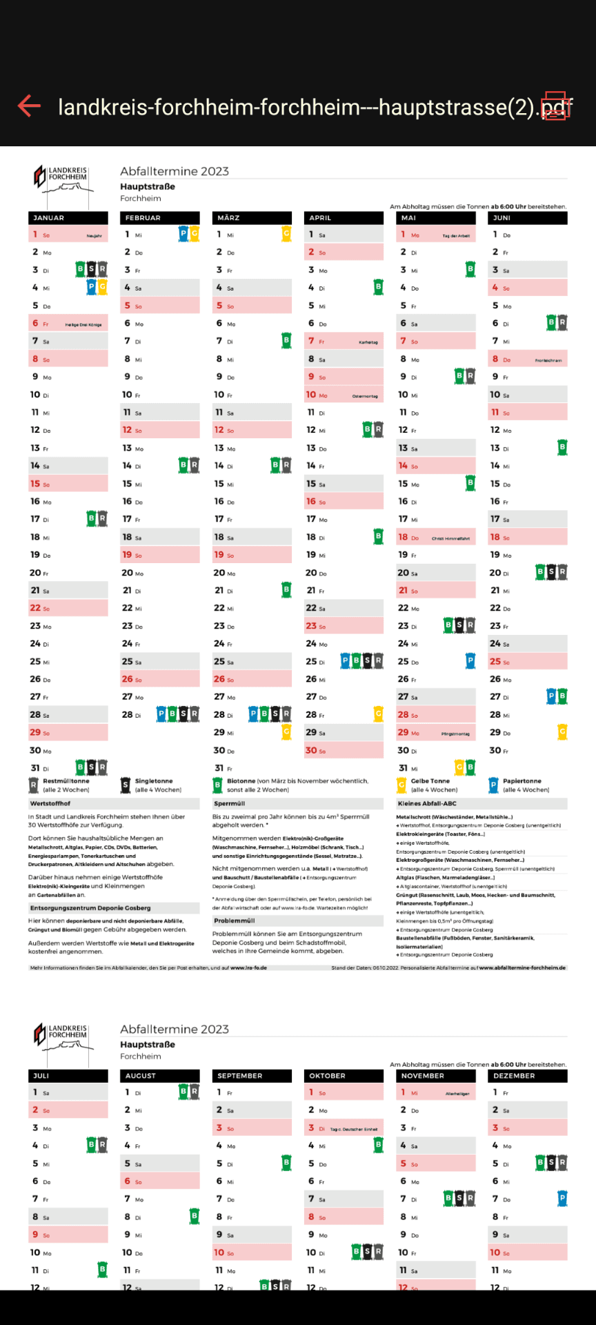 PDF Kalender mit Abfallerinnerung